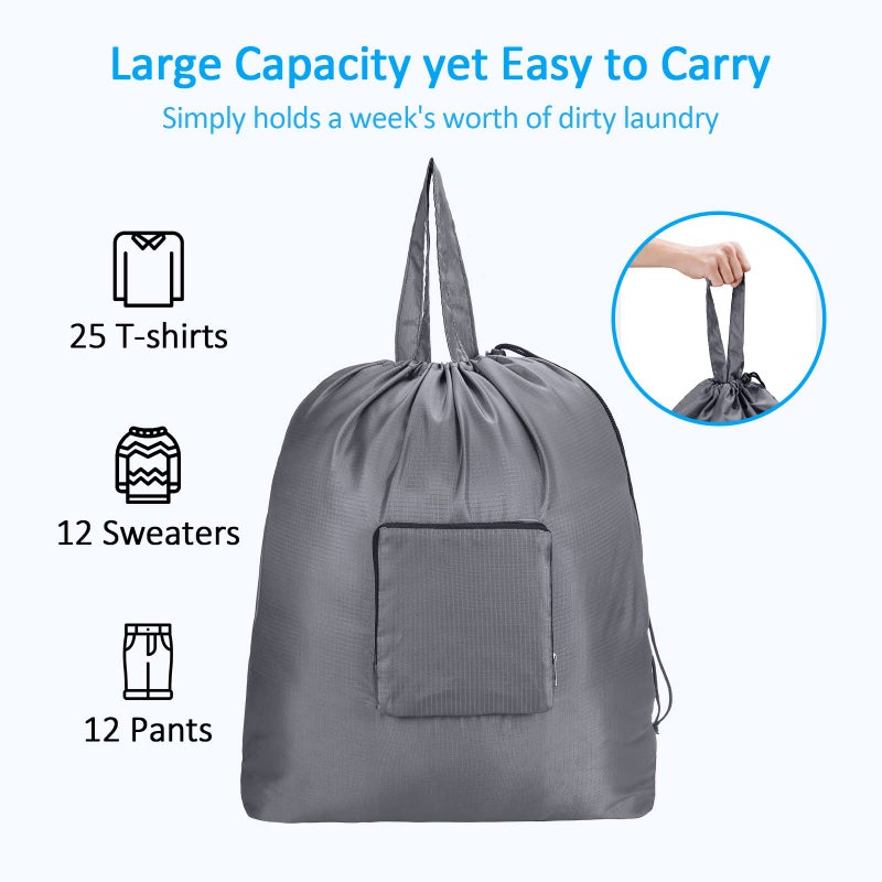GOGOODA Travel Laundry Bags with Drawstring Closure XL Large Foldable Dirty Clothes bags with Handle Heavy Duty and Washable for College Dorm Travelling Camping, 2 Pack, Black & Grey - Image 5